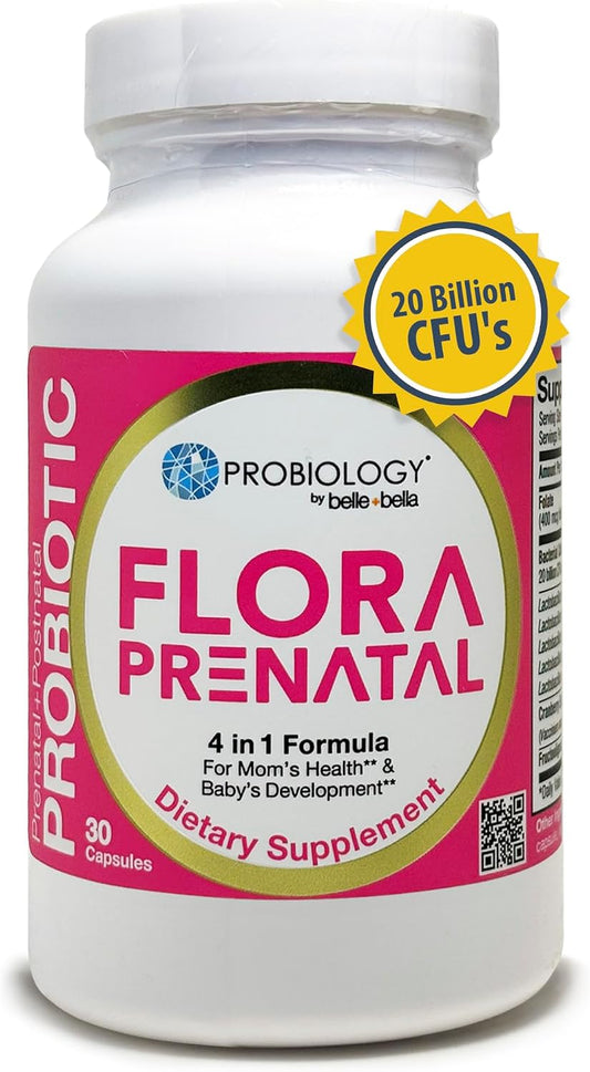belle+bella Probiology Flora Prenatal Capsules - Prenatal Probiotic & Prebiotic with Folic Acid, 30 Capsules