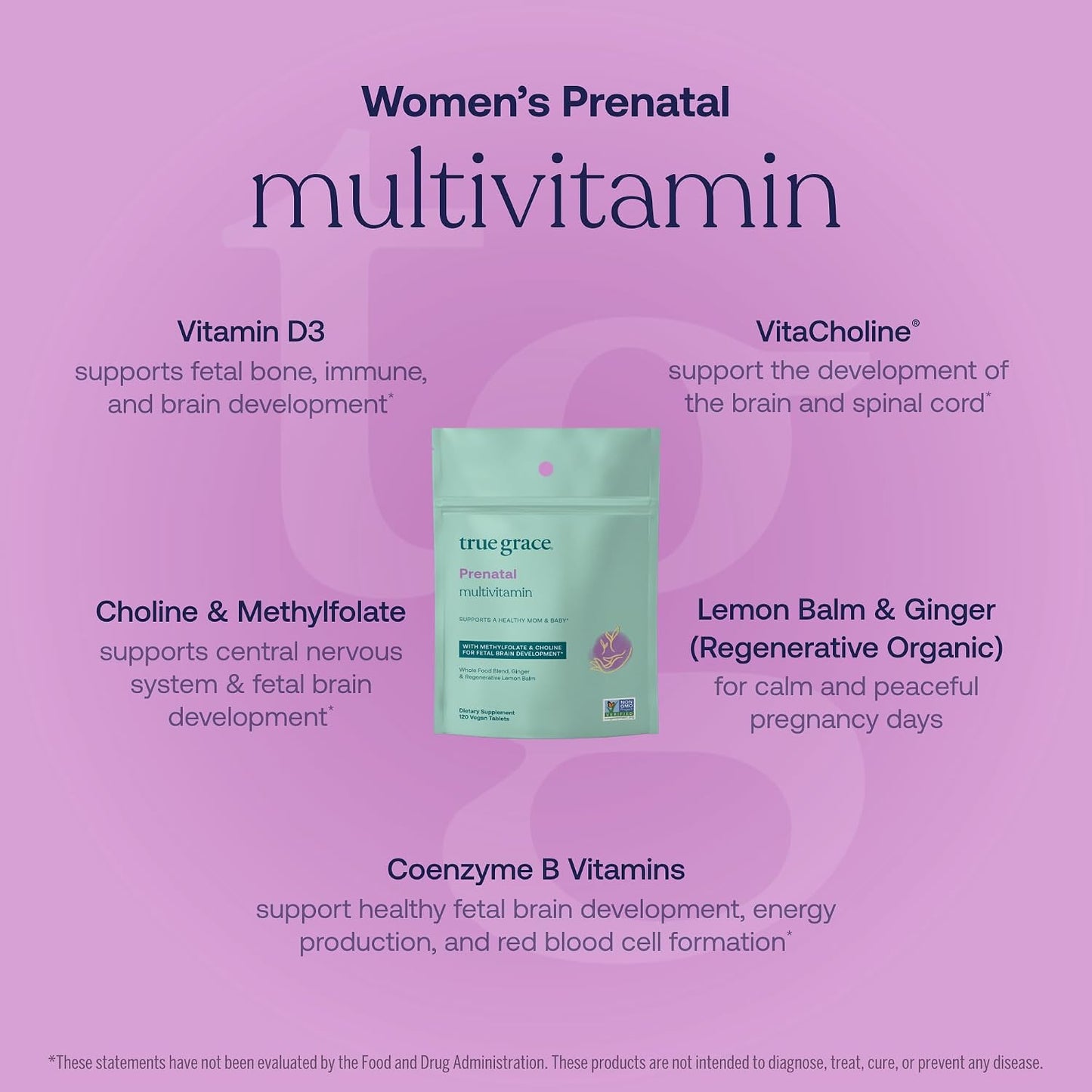 True Grace Prenatal Multivitamin Refill Pouch - 120 Vegan Tablets - Supports a Healthy Mum & Baby with Methylfolate & Choline - Gluten-free, Soya-Free - 60 Servings - görsel 3