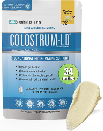 Sovereign Laboratories Colostrum-LD Liposomal Delivery Colostrum Powder, Gluten-Free, Lactose-Reduced, 454g (16 oz, 90 Servings)