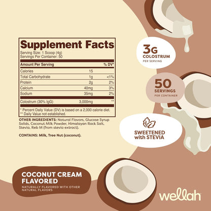 Wellah Colostrum Coconut Cream Flavour (50 Servings) - Sweetened with Stevia, 3g Colostrum Per Serving, Dietary Supplement