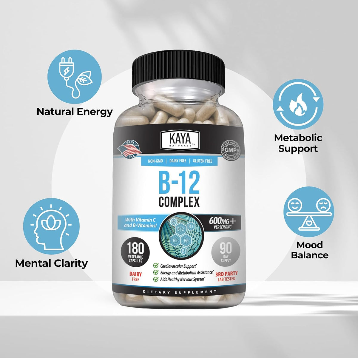 Kaya Naturals B-12 Complex – Multivitamin Food Supplement with Biotin, Choline, Inositol, Folate, and Vitamin C – 180 Tablets - görsel 4