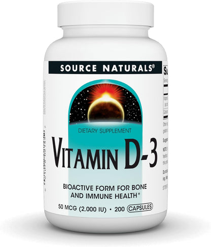Source Naturals Vitamin D3 50 mcg (2000 IU) - Bioactive Cholecalciferol for Bone and Immune Health - 100 Capsules