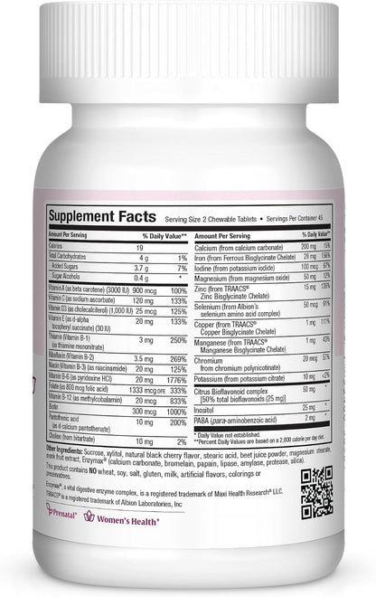 Maxi Health Chewable Prenatal Vitamins for Women – Prenatal with Iron, Biotin, Pantothenic Acid, & Magnesium – Kosher, Cherry Flavour Pregnancy Vitamins – 90 Tablets