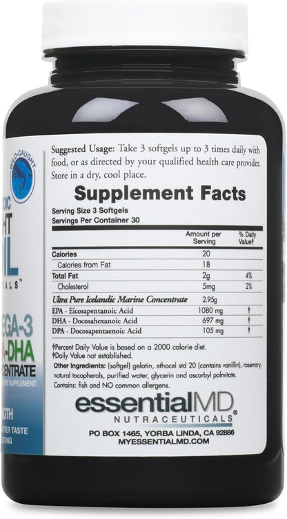 Triple Strength Wild Caught Icelandic Omega-3 Fish Oil Essentials – 2900mg with DPA, EPA & DHA – 90 Softgels – Burp-Free Formula