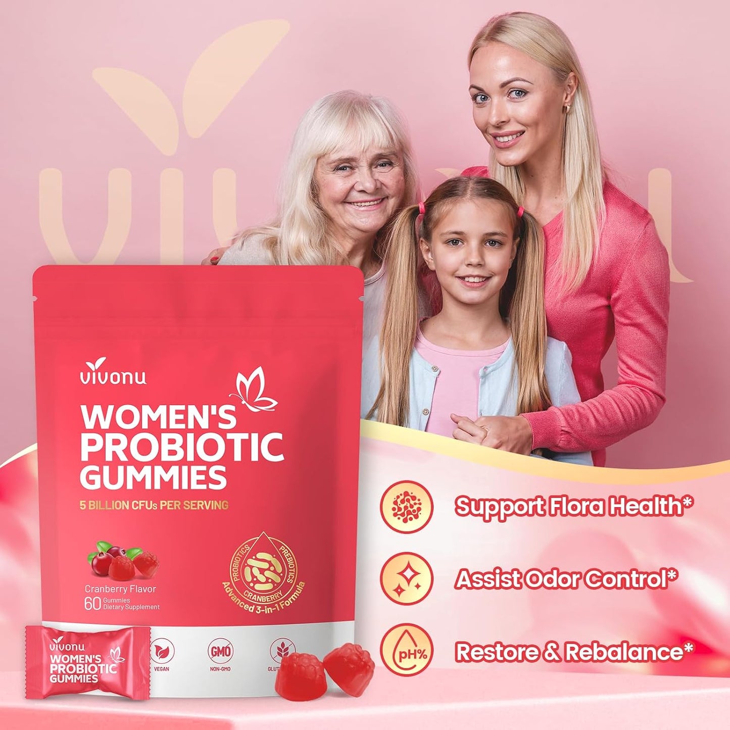 VivoNu Women's Probiotic Gummies - Feminine Balance Support with Cranberry, 60 Count - görsel 4