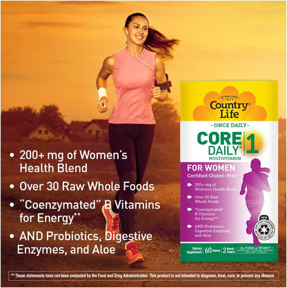 Country Life Women's Core 1 Daily Multivitamin with Iron, Cranberry, Probiotics, and Digestive Enzymes, 60 Tablets