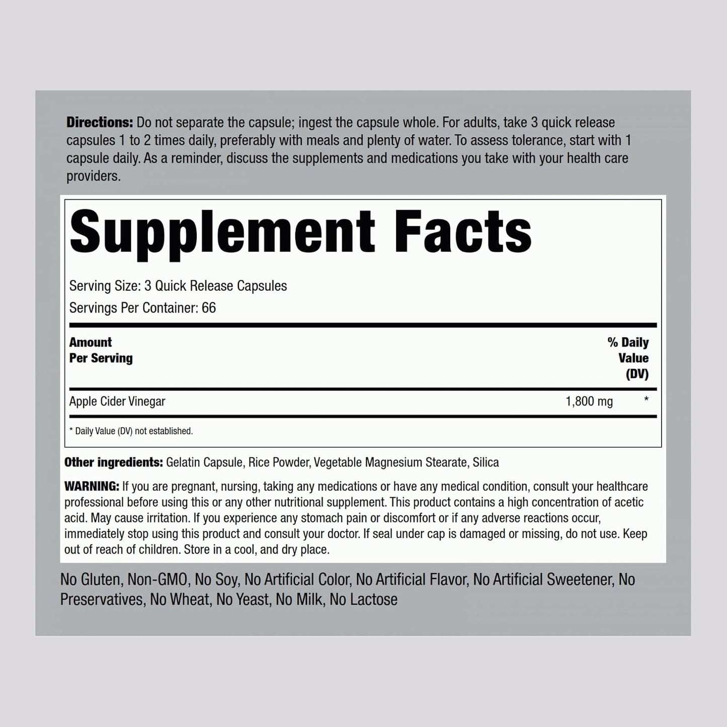 Piping Rock Apple Cider Vinegar Capsules 1800 mg, 200 Capsules - görsel 2
