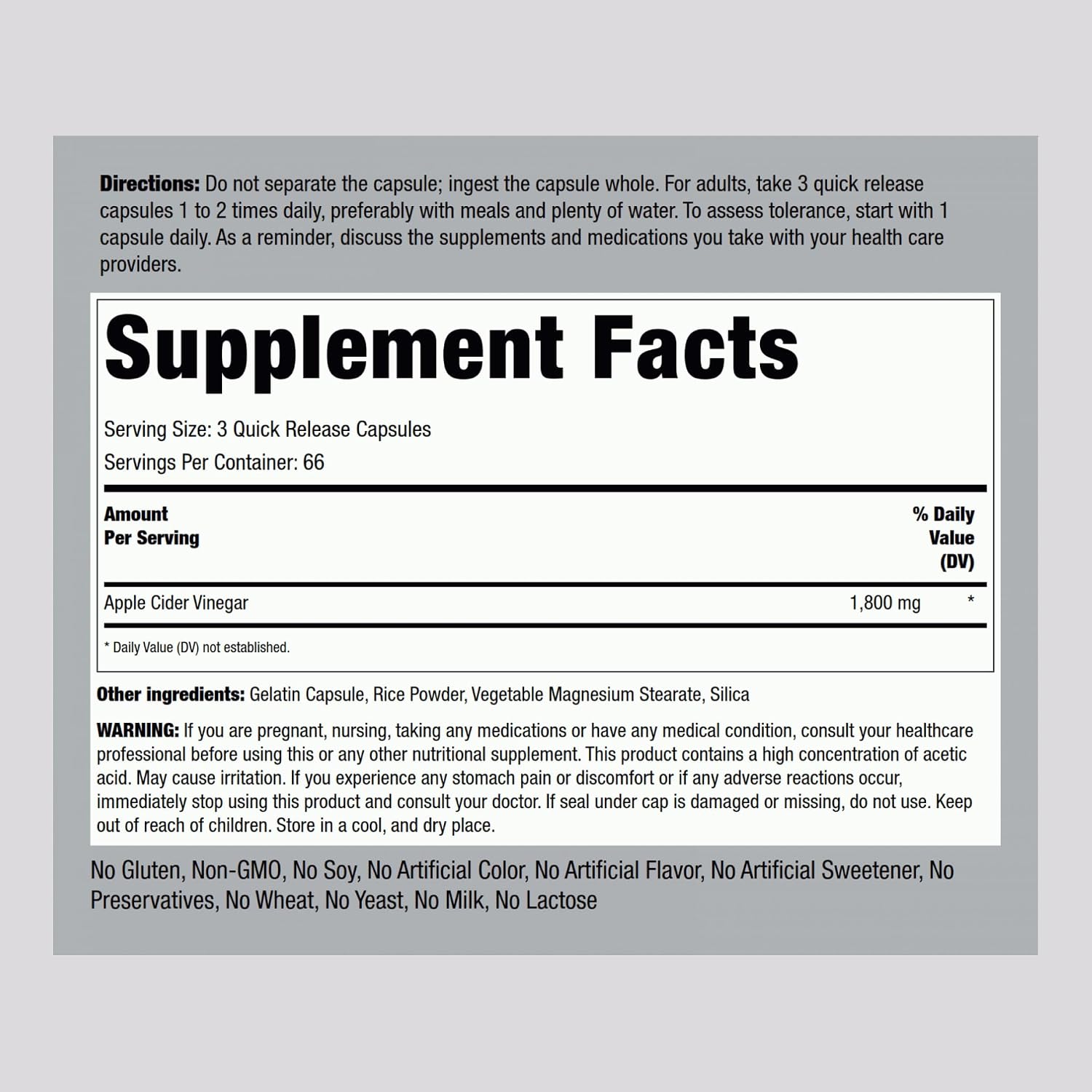 Piping Rock Apple Cider Vinegar Capsules 1800 mg, 200 Capsules - görsel 2