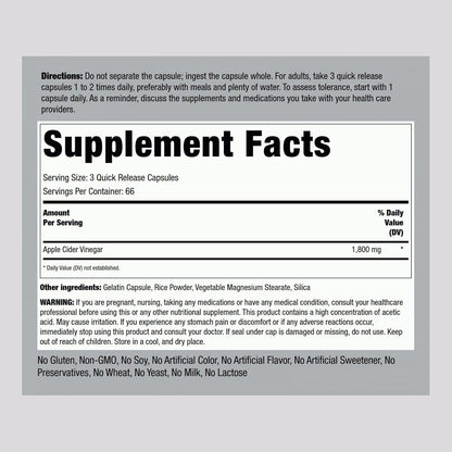 Piping Rock Apple Cider Vinegar Capsules 1800 mg, 200 Capsules