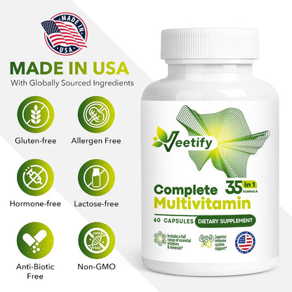 Complete Multivitamin 35-in-1 – High-strength Daily Vitamins & Minerals with Antioxidants (A, B-Complex, C, D, E), Magnesium, Zinc & Green Tea Complex for Women & Men – 60 Vegan Capsules