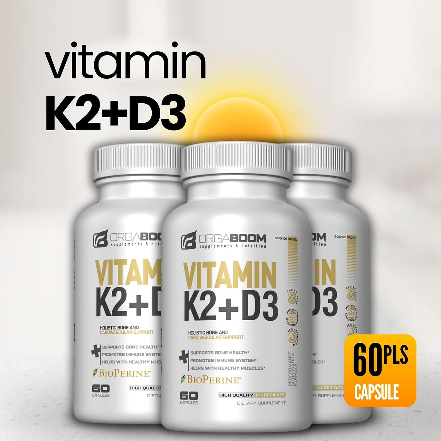 Orgaboom Vitamin D3 K2 Calcium Supplement - 5000 IU D3 + 100 mcg K2 MK7 with Bioperine - Bone & Heart Health - 60 Capsules - görsel 7
