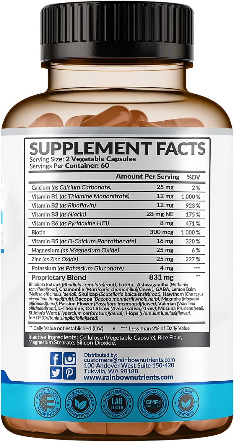 Rainbow Nutrients Calm Mood Support Supplement - 28 in 1 Natural Stress & Anxiety Support with Rhodiola, Ashwagandha, 5-HTP, GABA - 120 Vegan Capsules - görsel 7