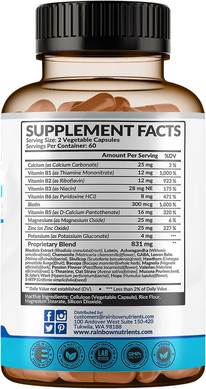 Rainbow Nutrients Calm Mood Support Supplement - 28 in 1 Natural Stress & Anxiety Support with Rhodiola, Ashwagandha, 5-HTP, GABA - 120 Vegan Capsules