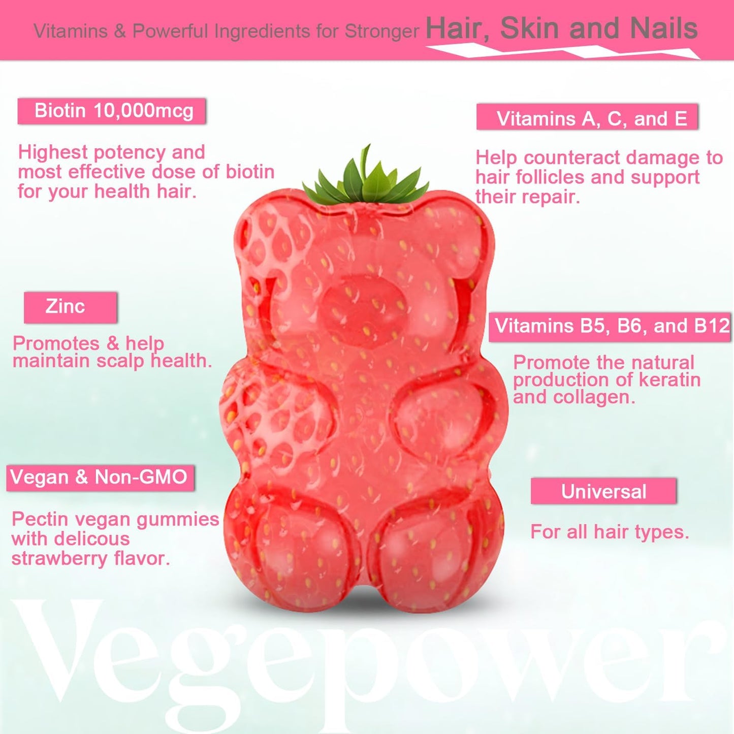 VEGEPOWER Biotin Gummies 10000µg – Vegan Hair, Skin & Nails Food Supplement - görsel 3