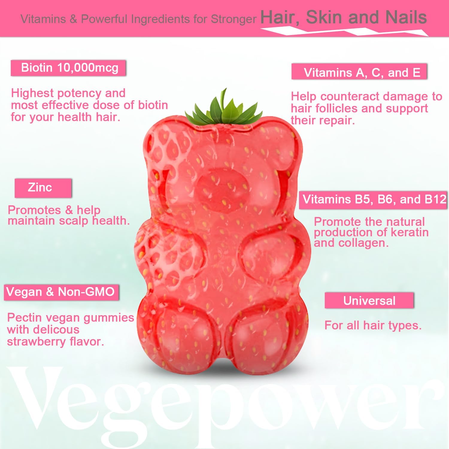 VEGEPOWER Biotin Gummies 10000µg – Vegan Hair, Skin & Nails Food Supplement - görsel 3