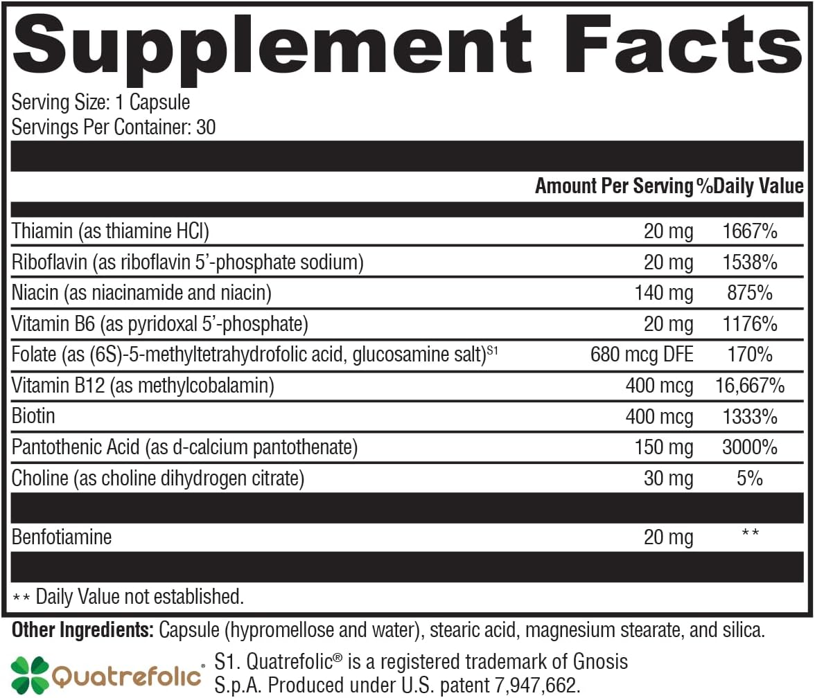 XYMOGEN B-Activ Activated B Vitamins with Benfotiamine & Quatrefolic – Adrenal, Immune & Nervous System Support – 30 Capsules - görsel 7