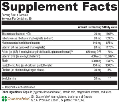 XYMOGEN B-Activ Activated B Vitamins with Benfotiamine & Quatrefolic – Adrenal, Immune & Nervous System Support – 30 Capsules