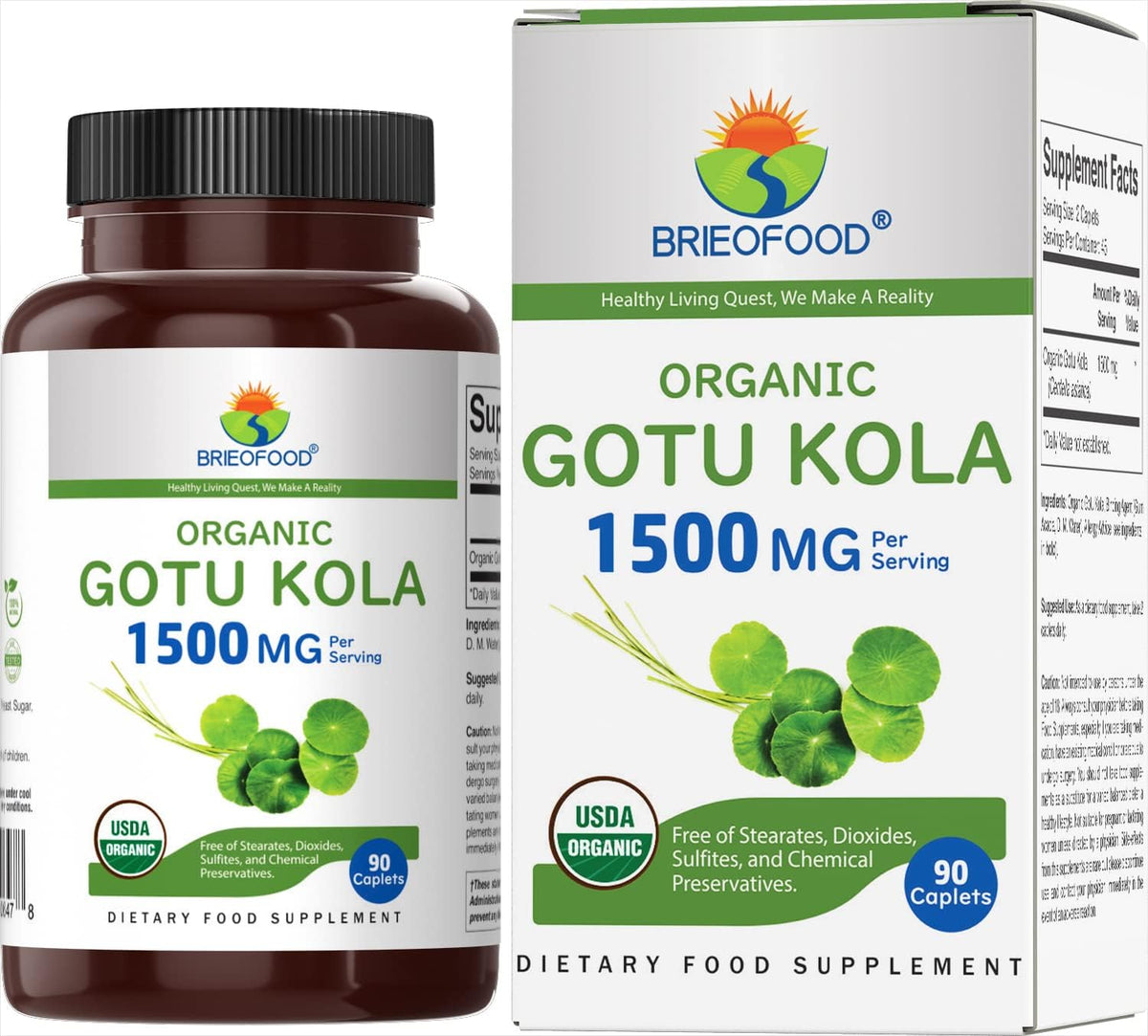 Brieofood Organic Gotu Kola 1500mg, 45 Servings, Vegetarian, Gluten-free, 90 Vegetarian Tablets - görsel 1