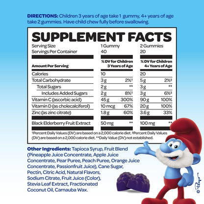 Smurfs Children's Immune Support Gummies | Black Elderberry Vitamin C and Zinc Children's Immunity Gummies | Made with Real Fruit | Doctor Developed | Non-GMO & No Artificial Flavours or Colours | 40 Gummies