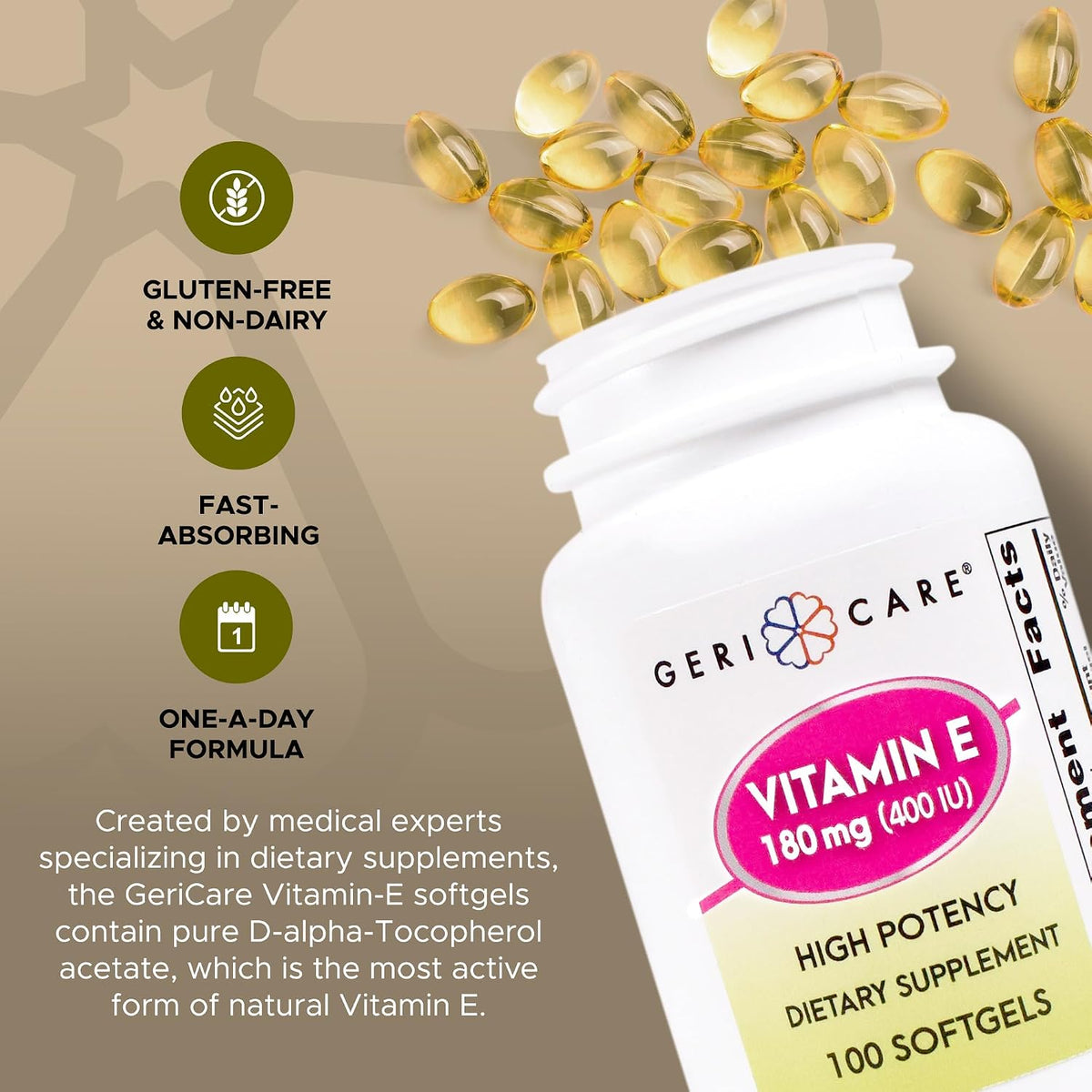 GeriCare High-Potency Vitamin E Capsules – 400 IU for Skin and Immune Support, 180 mg | 100 Count - görsel 3