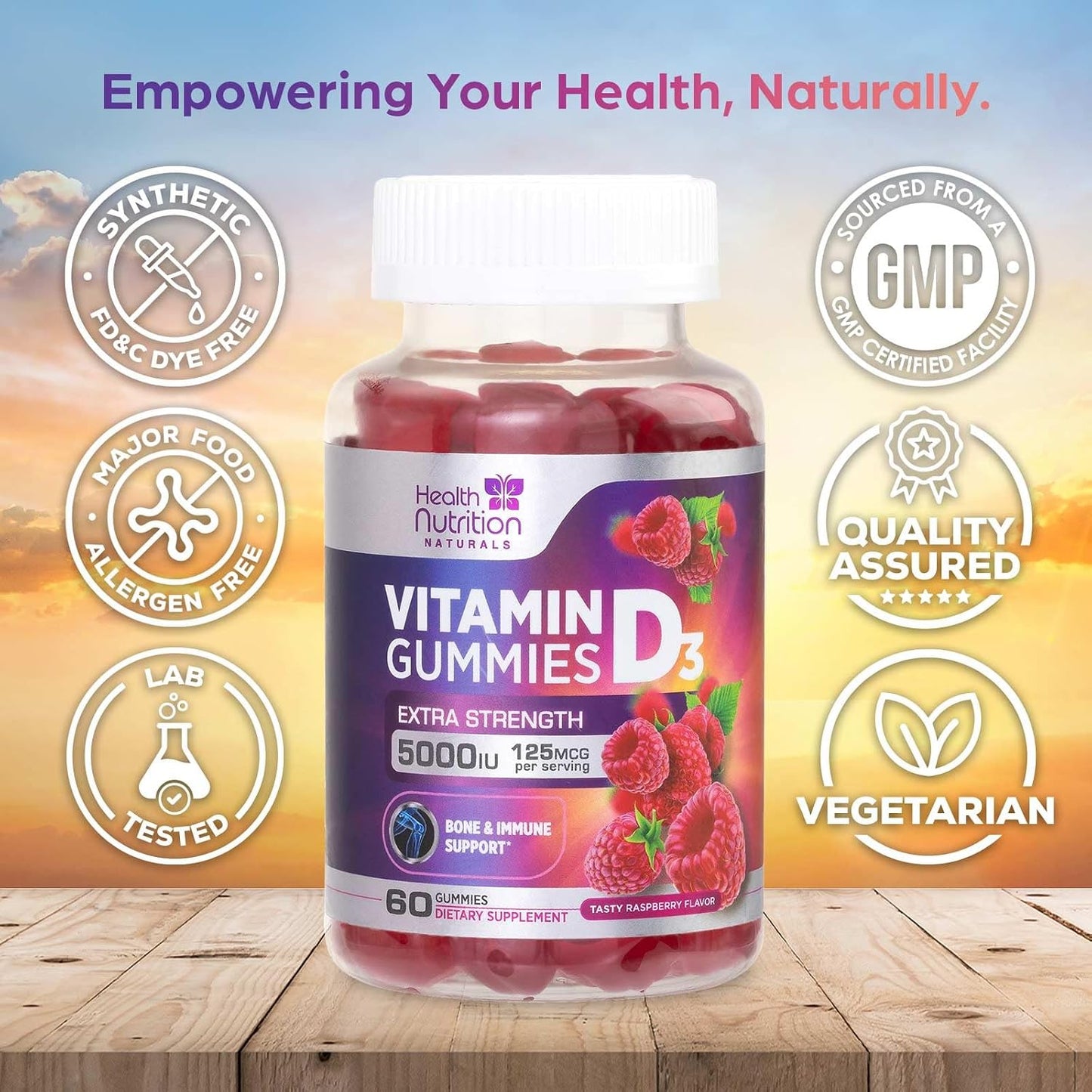 Vitamin D3 Gummies 125 µg (5000 IU) Per Serving - Triple Strength Immune & Bone Support, Vitamin D Gummy Food Supplement, Nature's Berry D Vitamin Supplement, Raspberry Flavoured - 60 Gummies - görsel 4
