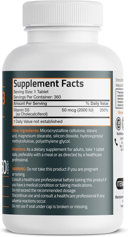 Bronson Vitamin D3 2000 IU (50mcg) Non-GM, 360 Tablets
