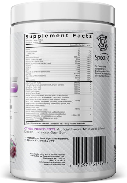 Core Nutritionals Greens | Premium Superfood Reds & Greens Blend | 5 Billion CFU Probiotics, Digestive Enzymes, & Antioxidants | 30 Servings (Grape Candy)