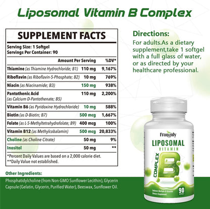 Liposomal B Complex for High Absorption - Methylated B12, L-Methylfolate (5-MTHF), Full Active B Vitamins with Choline & Inositol - Energy, Metabolism, Brain & Heart Support - Vegan, Non-GMO, 3 Month Supply