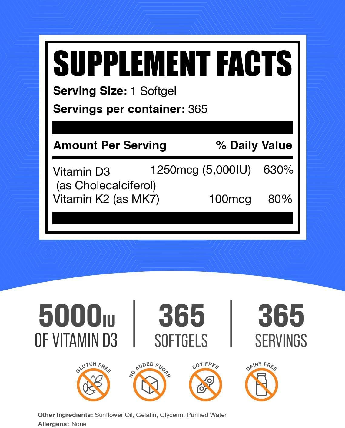 BulkSupplements.com Vitamin D3 + K2 5000 IU Softgels - görsel 2