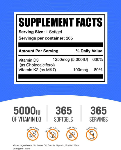 BulkSupplements.com Vitamin D3 + K2 5000 IU Softgels