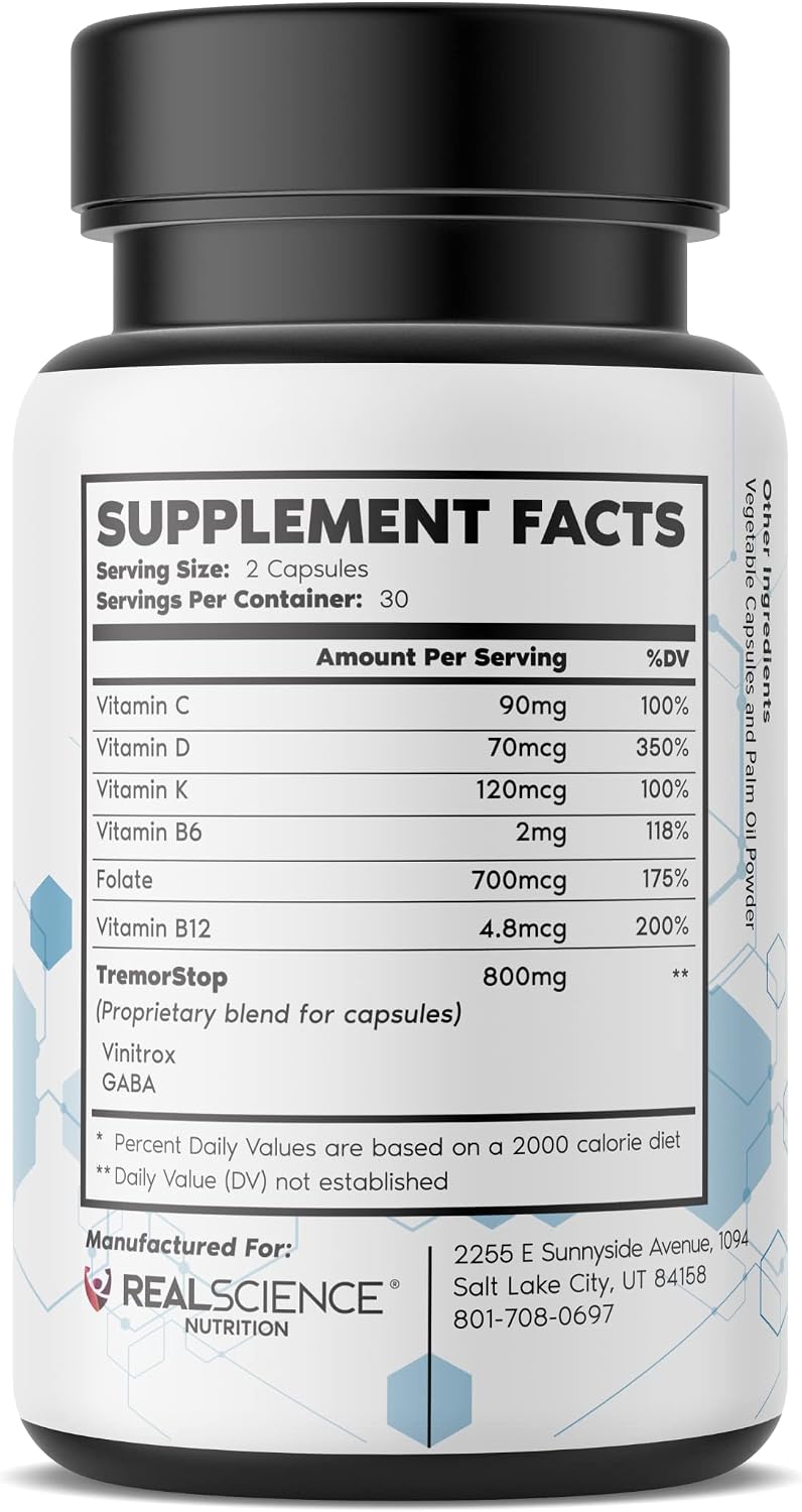 Real Science Tremor Support Capsules – Tremor Relief Supplement with GABA and Vitamins for Nervous System Support – Made in USA, 60 Capsules - görsel 2