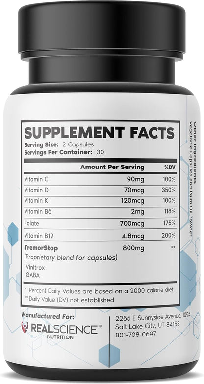 Real Science Tremor Support Capsules – Tremor Relief Supplement with GABA and Vitamins for Nervous System Support – Made in USA, 60 Capsules