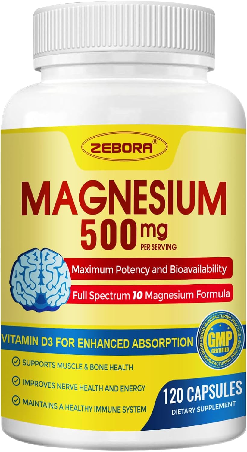 ZEBORA 10-in-1 Magnesium Complex Food Supplement - 500mg Magnesium Glycinate, Citrate & Malate with Vitamin D3 & Zinc - 120 Capsules - görsel 1