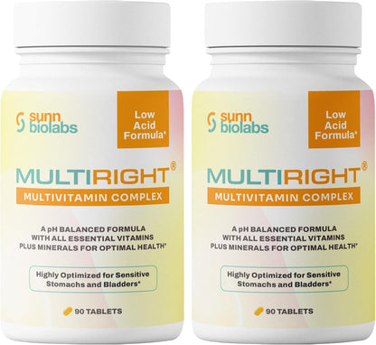 MULTIRIGHT Low Acid Multivitamin | Bladder-Friendly | 14 Vitamins and 14 Minerals | pH Balanced | 90 Tablets