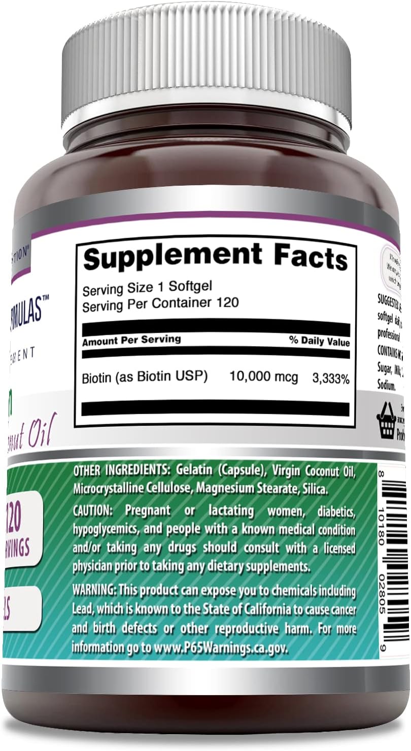 Amazing Formulae Biotin with Extra Virgin Organic Coconut Oil - 10,000 mcg - 120 Softgels - görsel 3