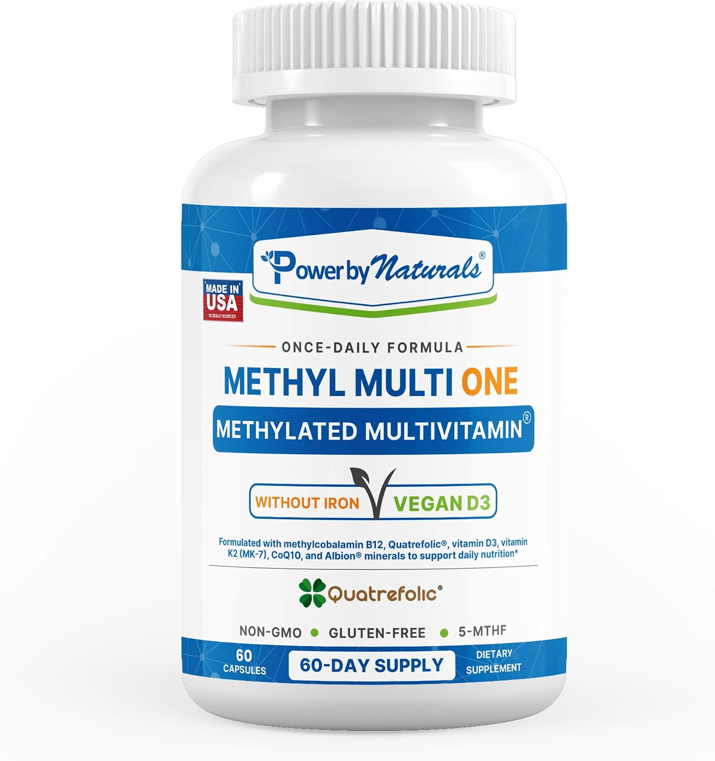 Power By Naturals Methyl Multi One – Iron-Free Methylated Multivitamin with 5-MTHF, Methyl B12 & CoQ10 – Methylation Support for Men and Women – Vegan, Non-GMO – 60 Capsules - görsel 1
