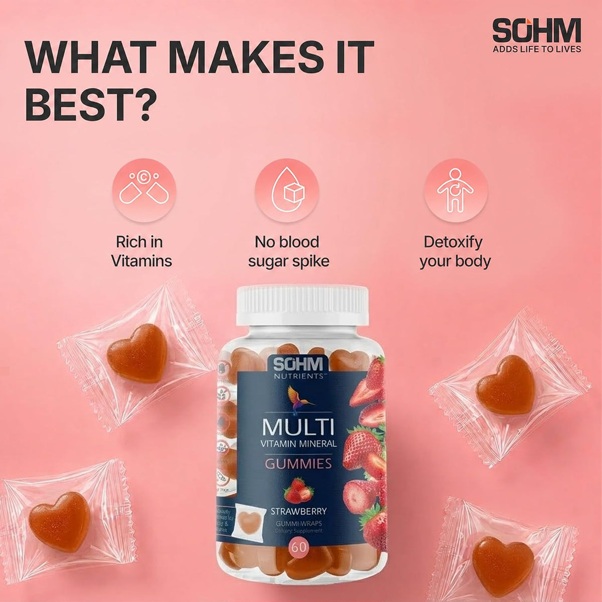 SOHM Multivitamin Gummies for Men and Women, 60 Gummies – Daily Vitamin Gummies with Vitamins A, C, D3, E & Folic Acid, Supports Immune Health, Energy Metabolism & Overall Wellness - görsel 7