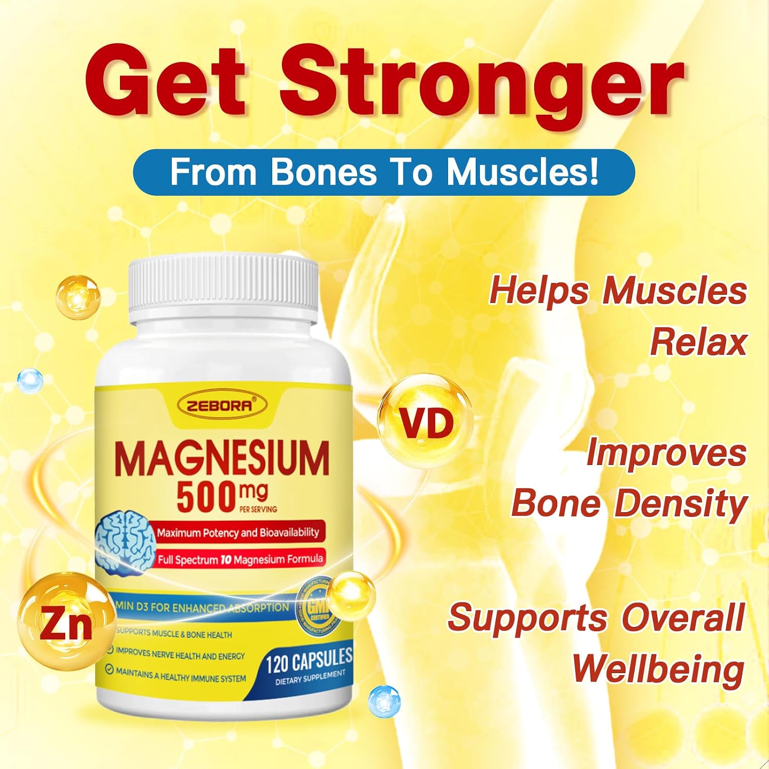 ZEBORA 10-in-1 Magnesium Complex Food Supplement - 500mg Magnesium Glycinate, Citrate & Malate with Vitamin D3 & Zinc - 120 Capsules - görsel 2