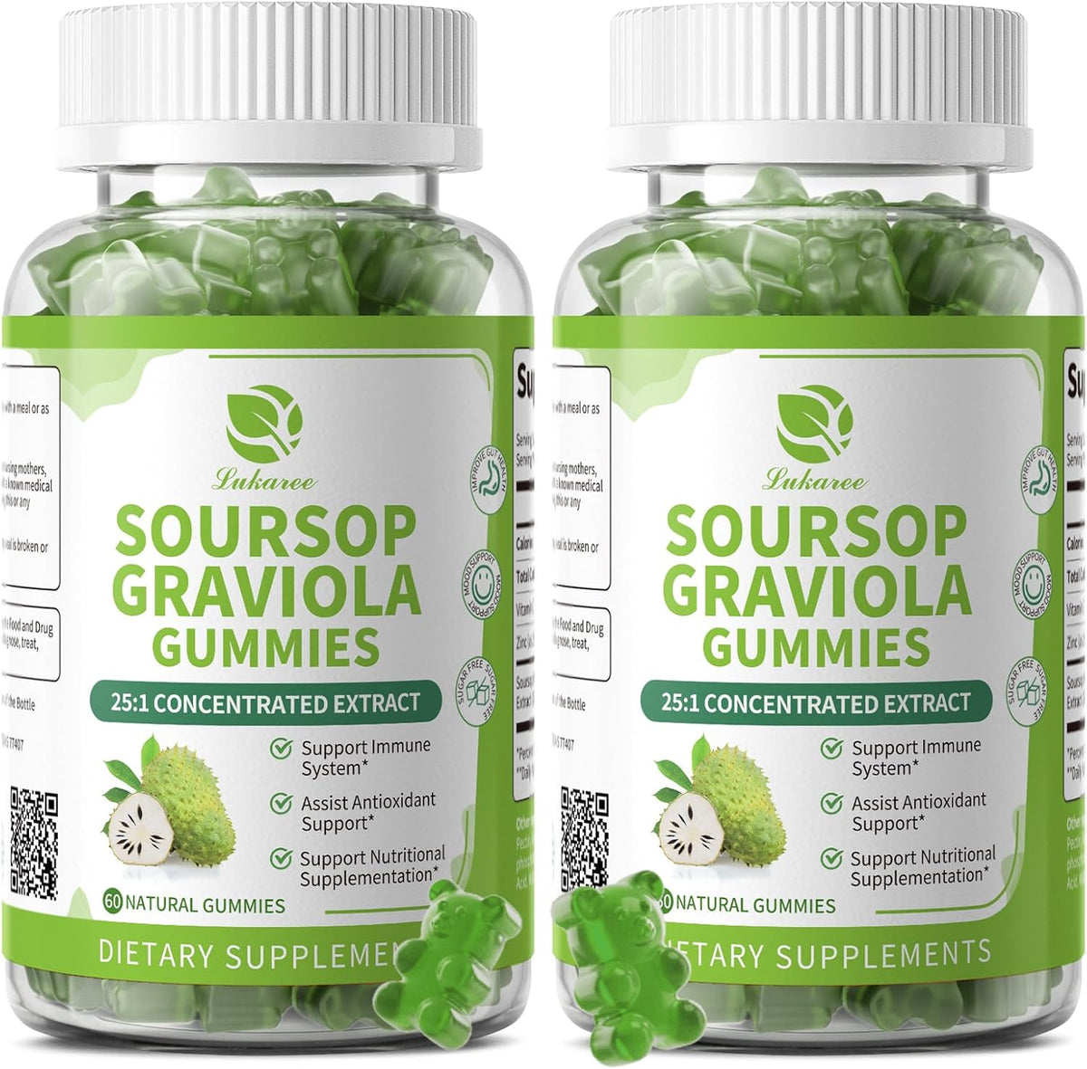(2 Pack) Soursop Graviola Gummies - Concentrated Soursop Leaf Extract with Vitamin C, Zinc & Whole Natural Food for Immunity, Liver, Calming & Antioxidant, Sugar Free, Gluten-free, Vegan, 60 Gummies - görsel 1