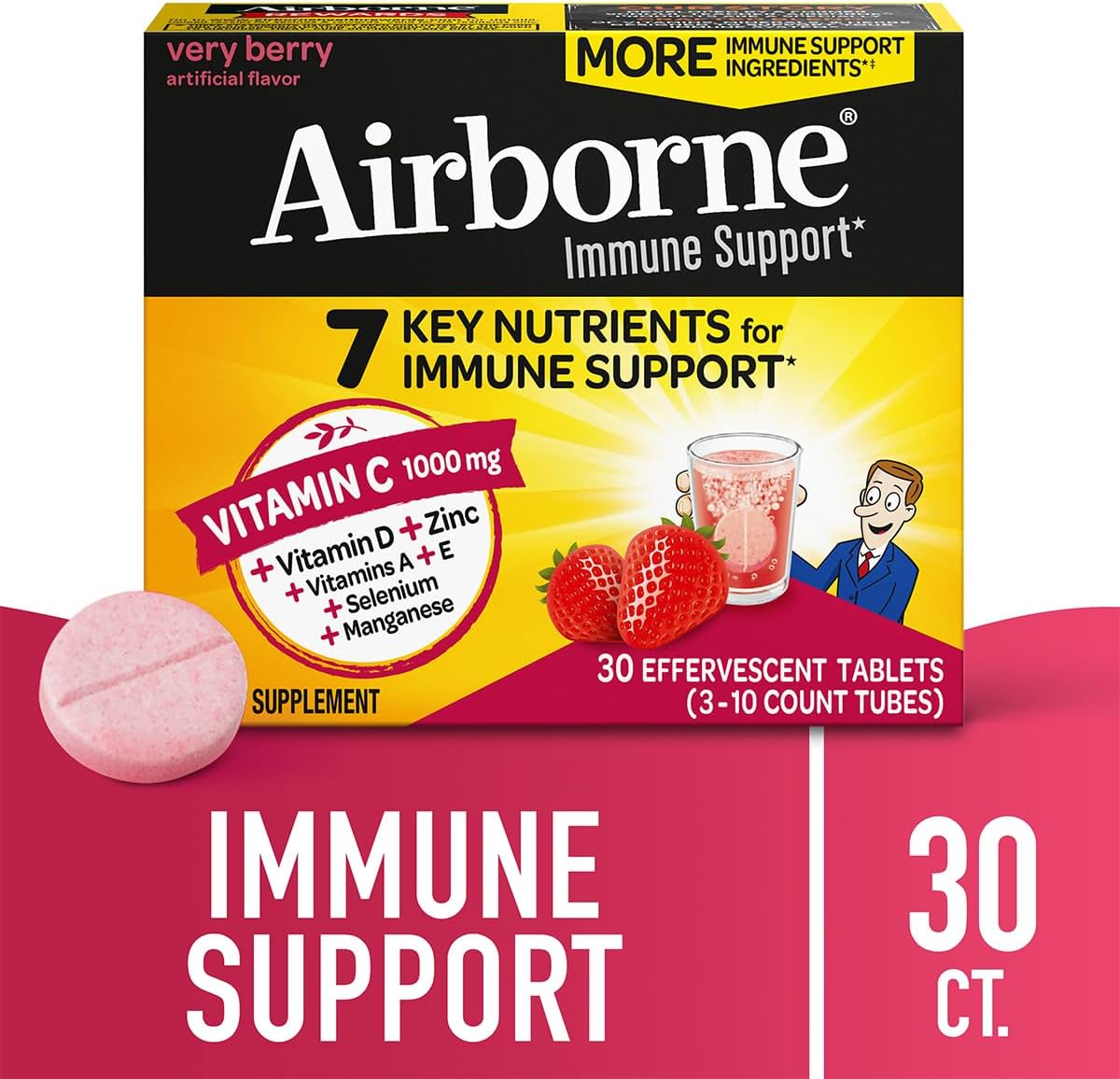 Airborne 1000mg Vitamin C with Vitamin D & Zinc - Sugar Free Effervescent Tablets for Immune Support, Very Berry Flavour with Antioxidants A, C, E - 30 Tablets (Pack of 2) - görsel 2