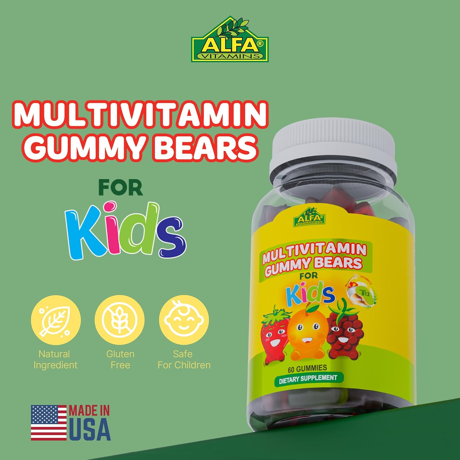 ALFA VITAMINS Kids Multivitamin Gummy Bears – 13 Essential Nutrients, 60 Gummy Bears - görsel 1