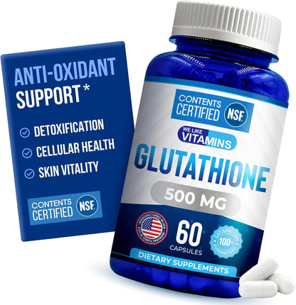 We Like Vitamins NSF Certified Glutathione Supplement 500mg - 60 Capsules of Reduced L-Glutathione for Antioxidant & Immune Support - Manufactured in the USA