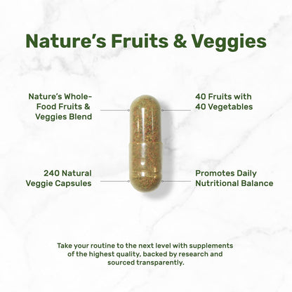 Nature’s Fruits & Veggies Supplement, 240 Veggie Capsules – 80 Whole Food Superfoods for Daily Balance – Non-GMO, Gluten-free