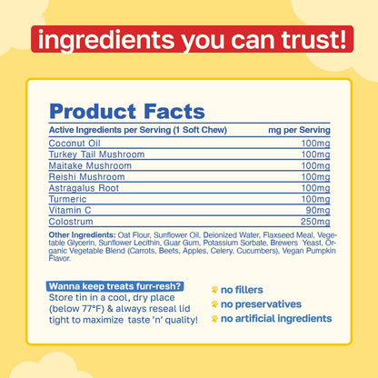Happy Paws Turmeric Supplement for Dogs, Daily Wellness and Immunity Support for All Breeds and Ages, Made with Turmeric, Colostrum & Turkey Tail Mushrooms, Pumpkin Flavour, Non GMO, 200 Soft Chews