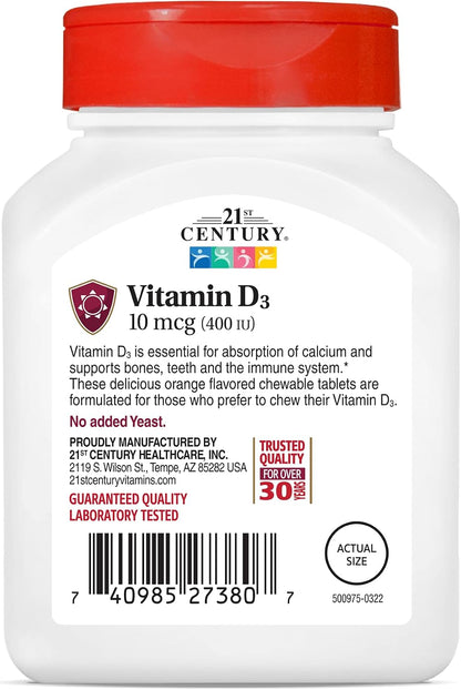 21st Century Vitamin D 400 IU Orange Chewable Tablets, 110 Tablets (2 Pack)