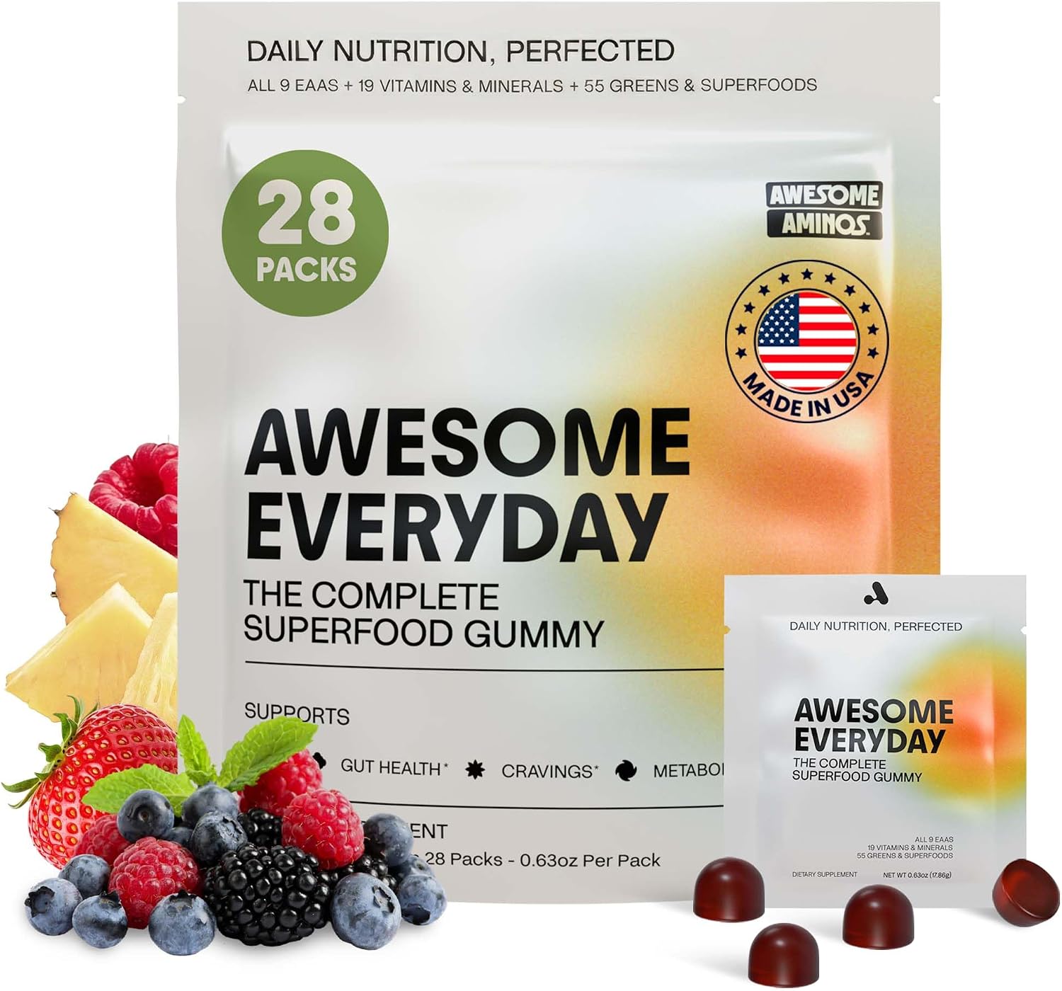 Awesome Everyday Essential Daily Nutrition Gummies - 9 Essential Amino Acids + Vitamins, Minerals & Organic Greens and Superfoods - Fermented Nutrition for Energy, Brain & Immunity – Children – 28 Count - görsel 10