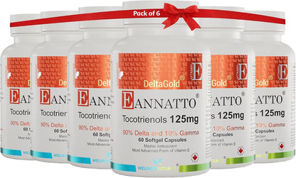 WELLNESS EXTRACT Eannatto Tocotrienols Deltagold 125mg, Vitamin E Tocotrienols Supplements 60 Softgels, Tocopherol Free, Non-GMO, Gluten-free & Antioxidant (Pack of 6)