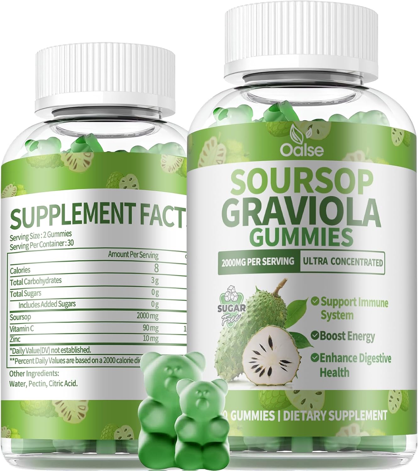 OALSE Soursop Graviola Gummies - Sugar-Free, Vegan, with Vitamin C & Zinc for Immune Support (60 Count) - görsel 1