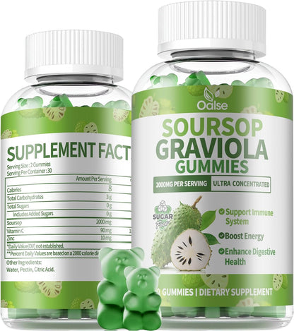 OALSE Soursop Graviola Gummies - Sugar-Free, Vegan, with Vitamin C & Zinc for Immune Support (60 Count)