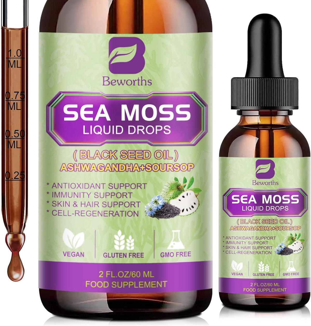 B BEWORTHS Organic Sea Moss Liquid Drops with Black Seed Oil, Elderberry & Ashwagandha - görsel 10
